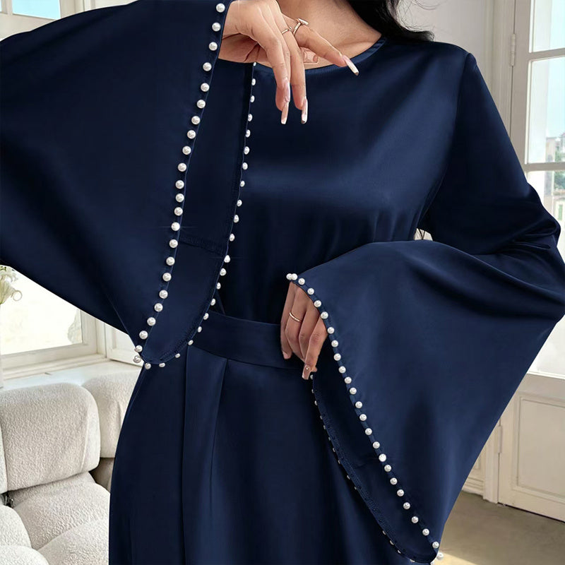 Elegant Pearl Cuff Flared Maxi Dress