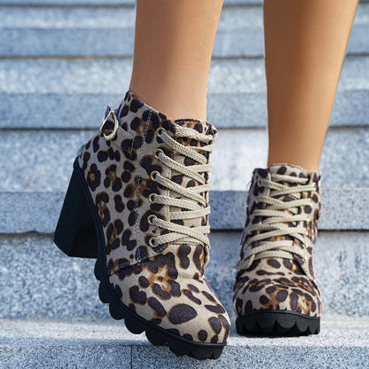 Leopard Print Suede Lace-Up Ankle Boots